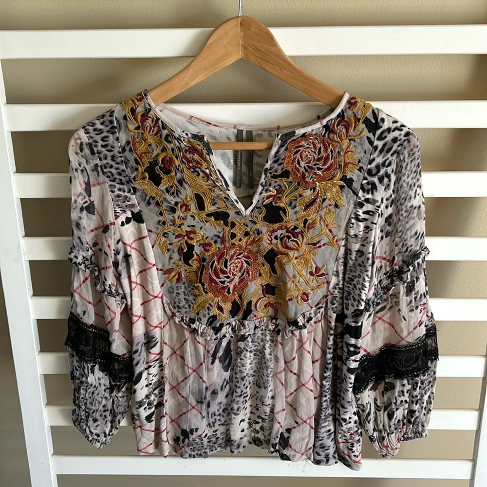 Anthropologie Mathilda Balloon Sleeve Mixed Print Blouse Size XSmall Floral Boho